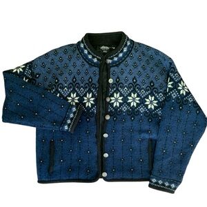 Fair Isle Blue and White Wool Cozy Thick Cardigan XL